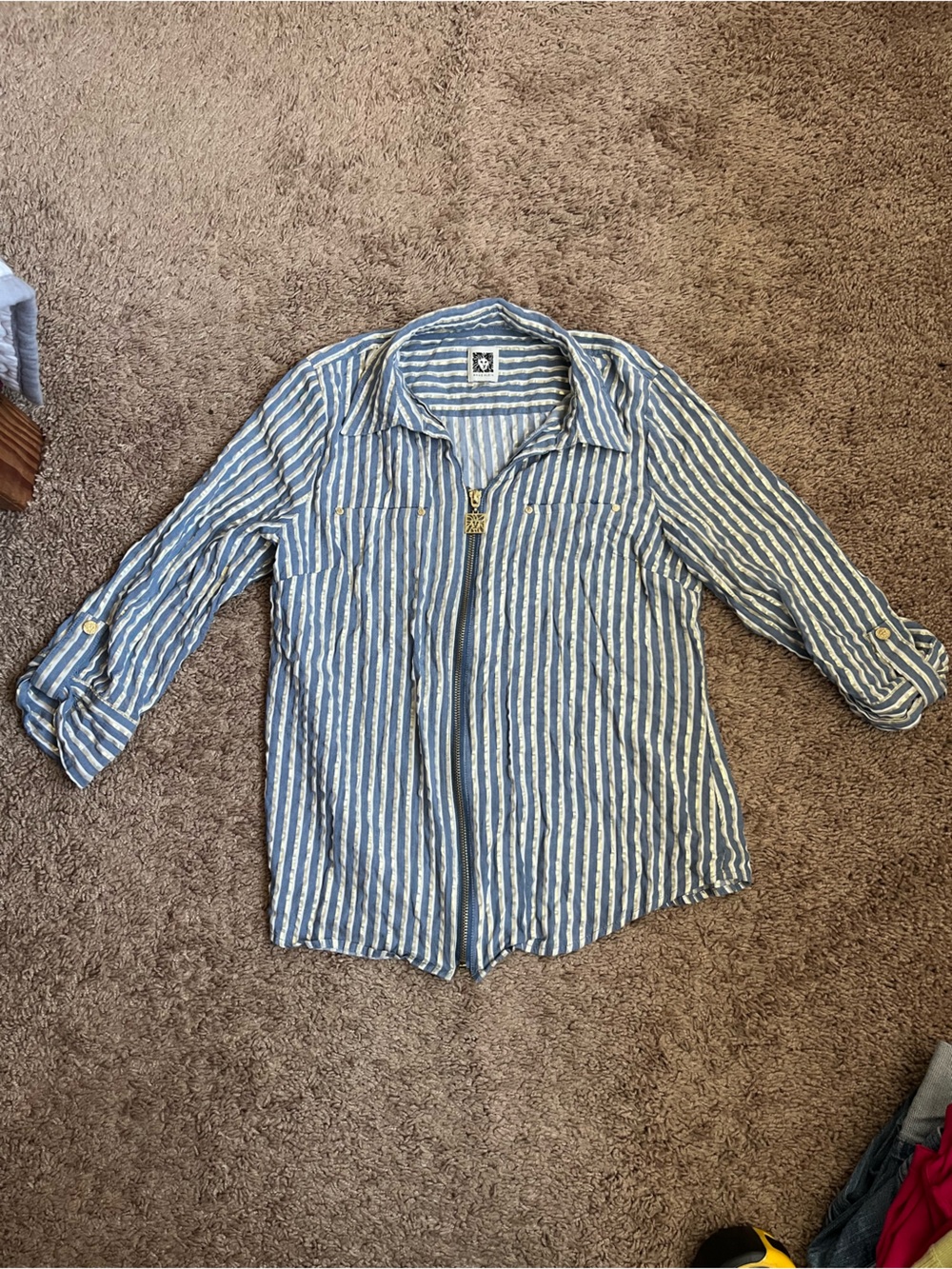 Anne Klein Blue and White Striped Zip Jacket with Gold Hardware